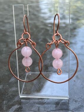Handcrafted Rose Quartz Bead Copper Hoop Earrings - Pink